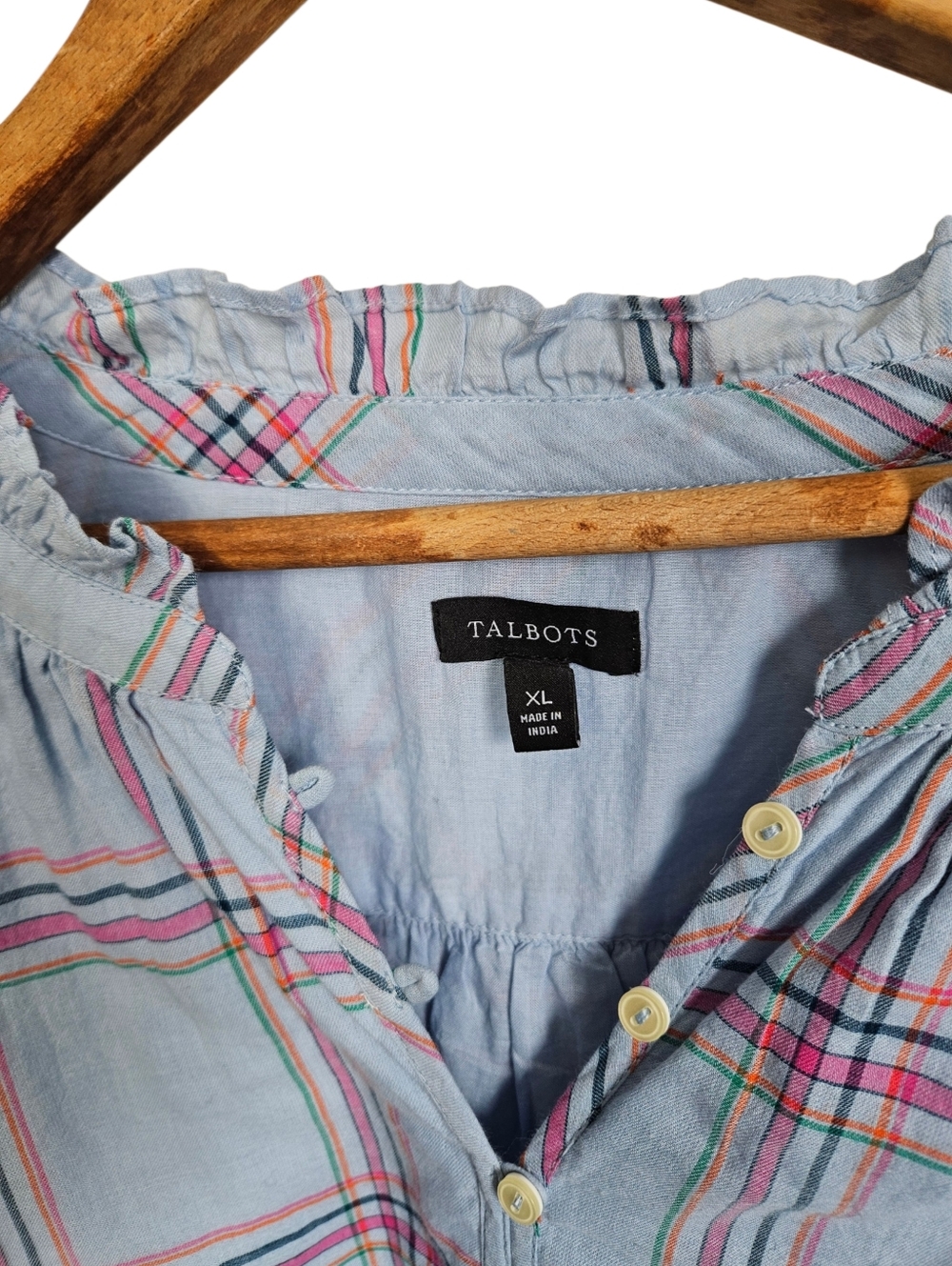 Talbots Light Blue Plaid Cotton Blouse, Size XL - Picture 2 of 6